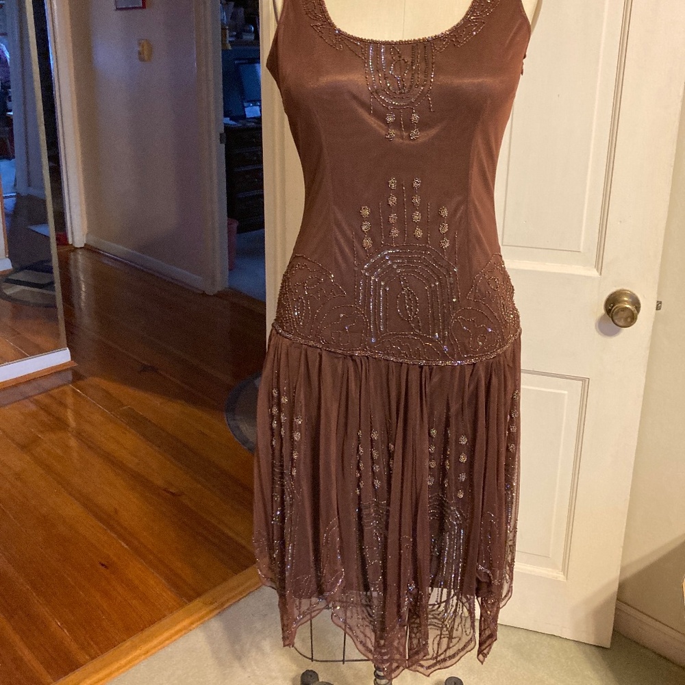 Brown satin dress beaded
